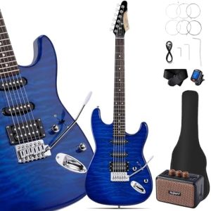 Leo Jaymz 39" Full Size ST Style Electric Guitar Starter Kit with SSH Pickup, 5W Portable Amp, Tuner, Gig Bag, Strap & Accessories (Blue Ocean)